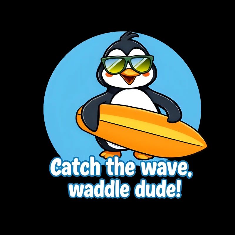 Pingouin surfant avec des lunettes de soleil, attrapez la vague