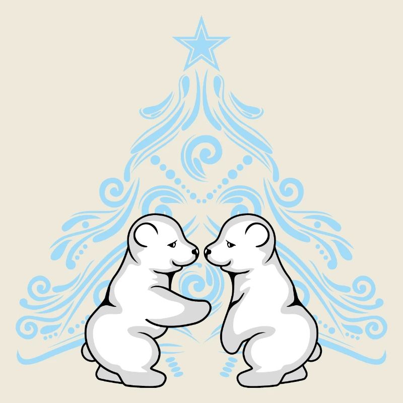 Zwei Eisbärenbabys umarmen sich in der Nähe eines Weihnachtsbaums