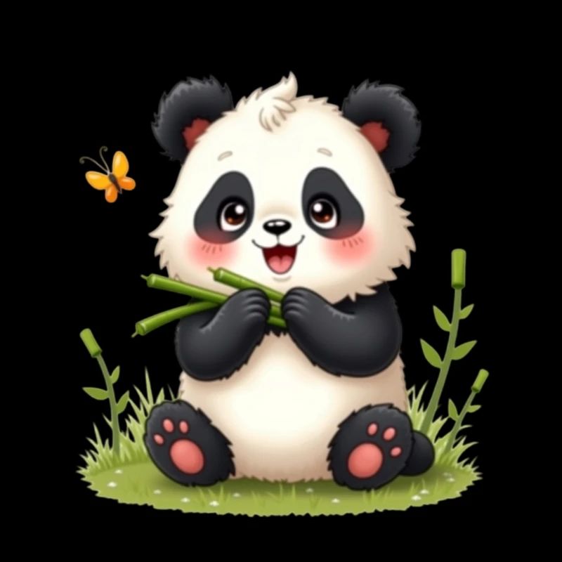Mignon panda de dessin animé avec bambou et papillon
