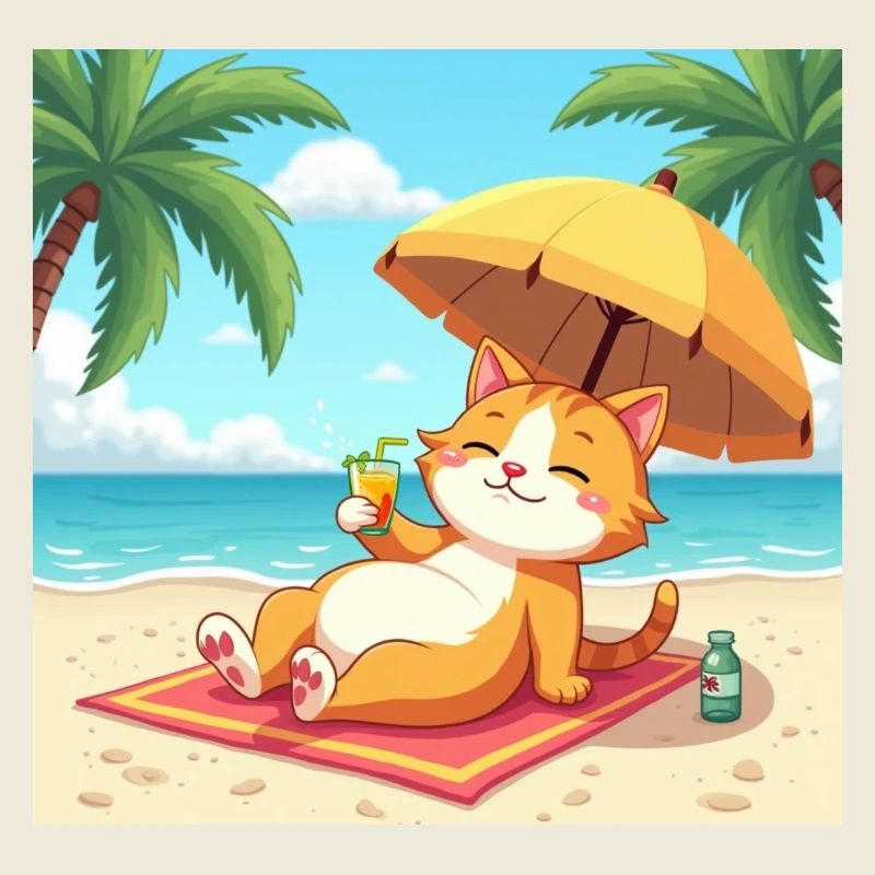 Chat sur la plage au soleil avec boisson - dessin animé