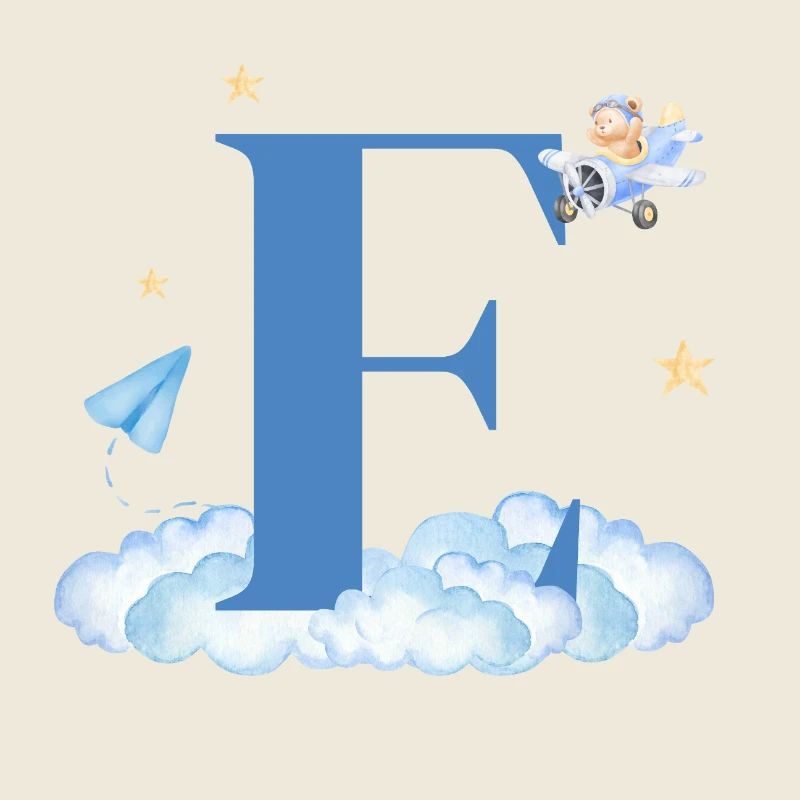 Letter e blue clouds airplane child