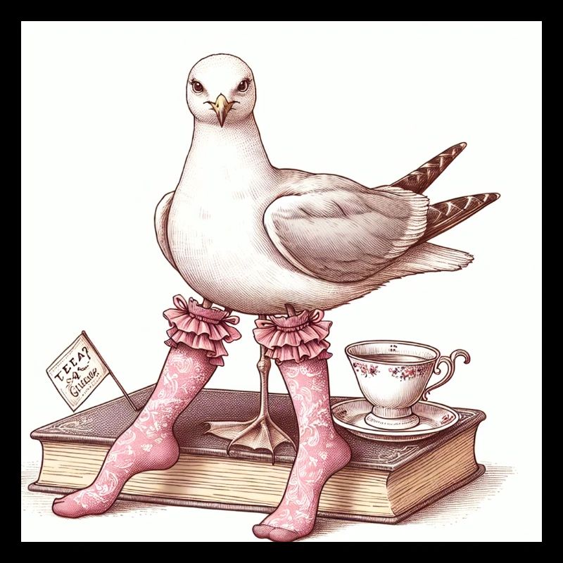 Schicke Möwen-Dame beim Tee mit Buch