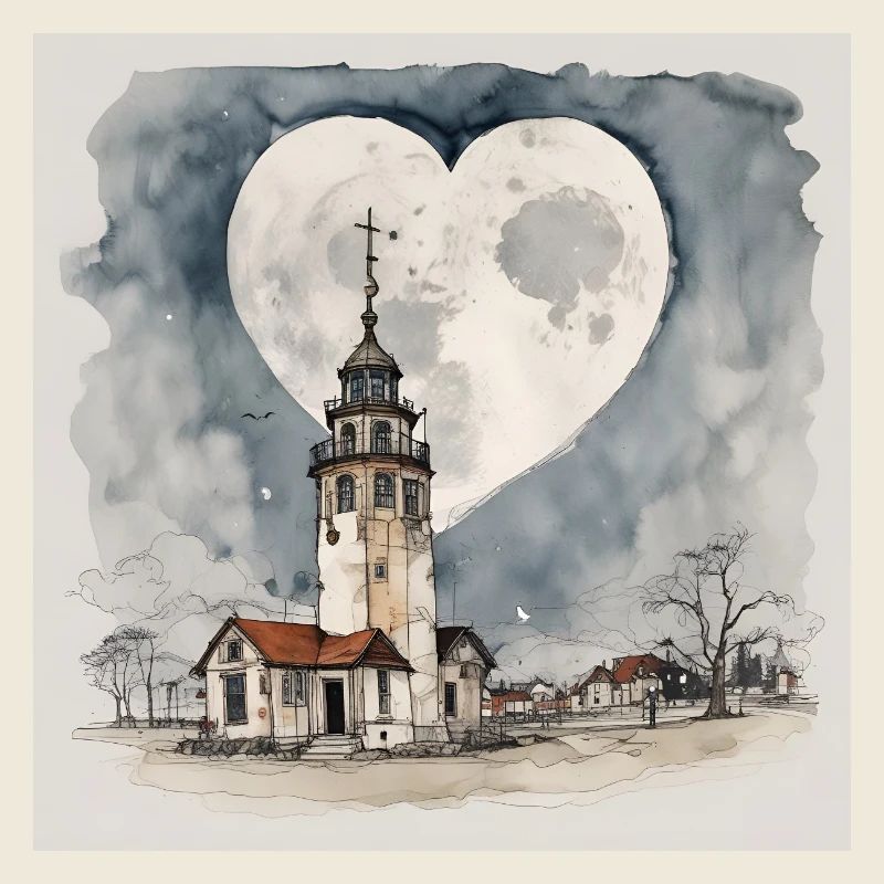 Kirche / Leuchtturm im Dorf unter Mond-Herz-Form