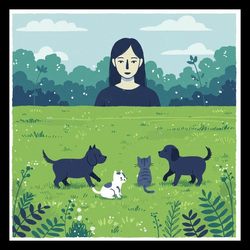 Fille avec chien et mouton dans la nature verte