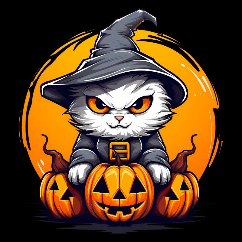 Chat sorcière avec trois citrouilles