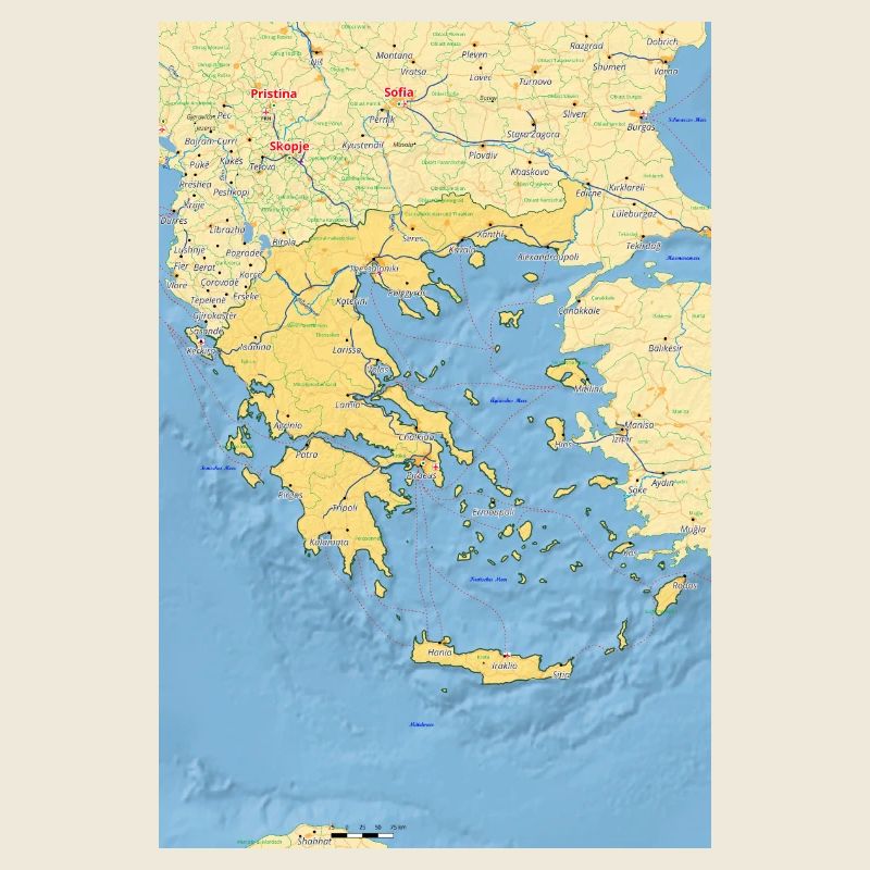 Greece map with cities, roads, rivers, lake