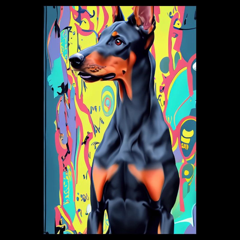 Dobermann vor buntem Hintergrund, Pop-Art modern