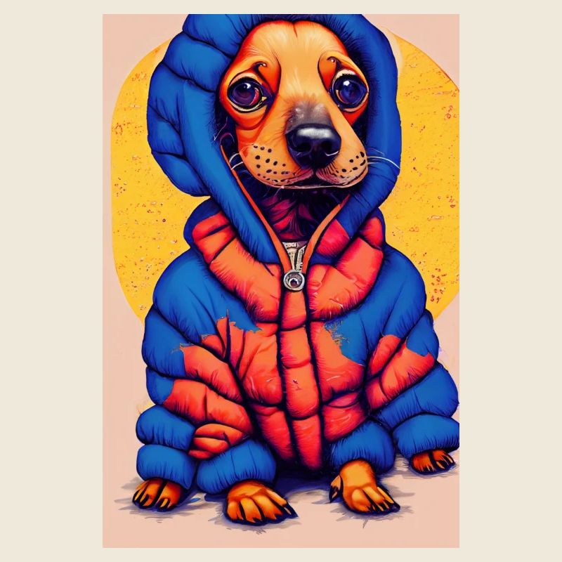 Pop-Art Dackel mit Oversized Puffer-Jacket