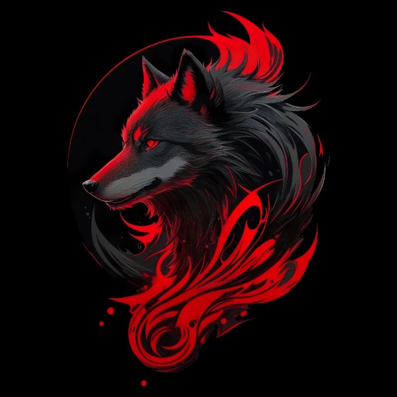 Grimmiger roter und schwarzer Wolfskopf