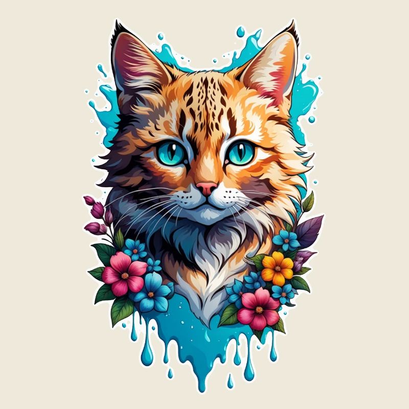chat et fleur aquarelle