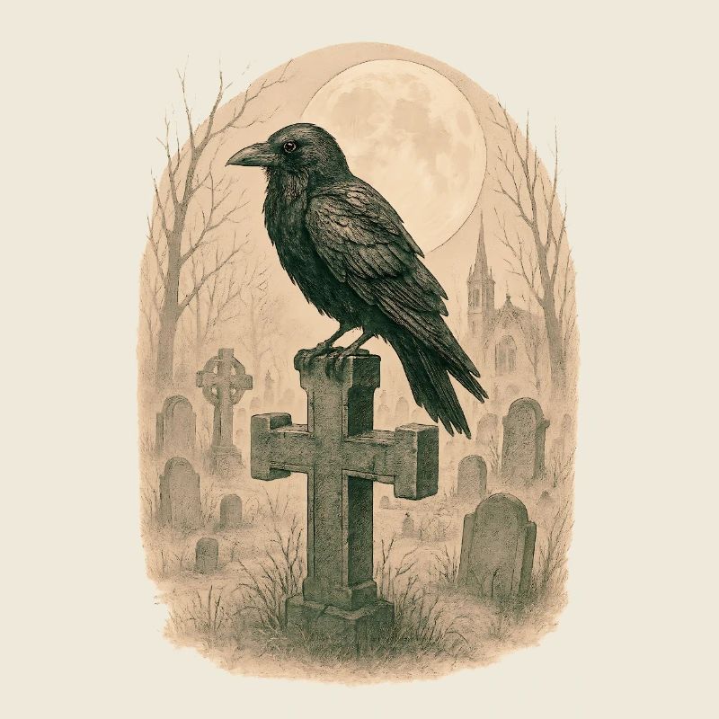Moonlit Graveyard Raven Illustration