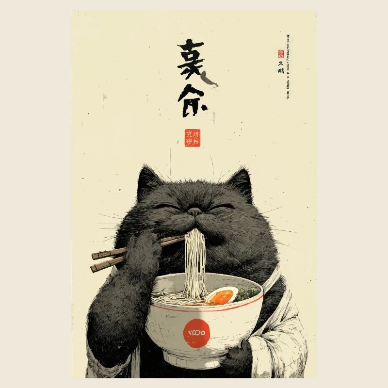 Chat heureux mangeant des ramen