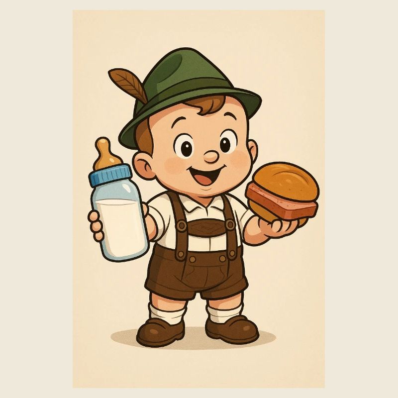 Bayerisches Baby mit Milch und Leberkässemmel