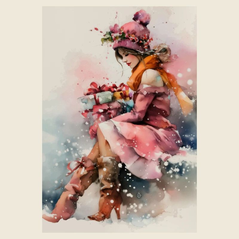Wintermädchen in Aquarell und Geschenken