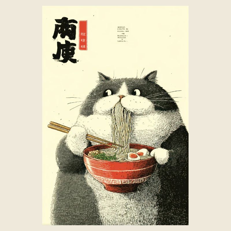 Moonlit Cat Slurping Ramen
