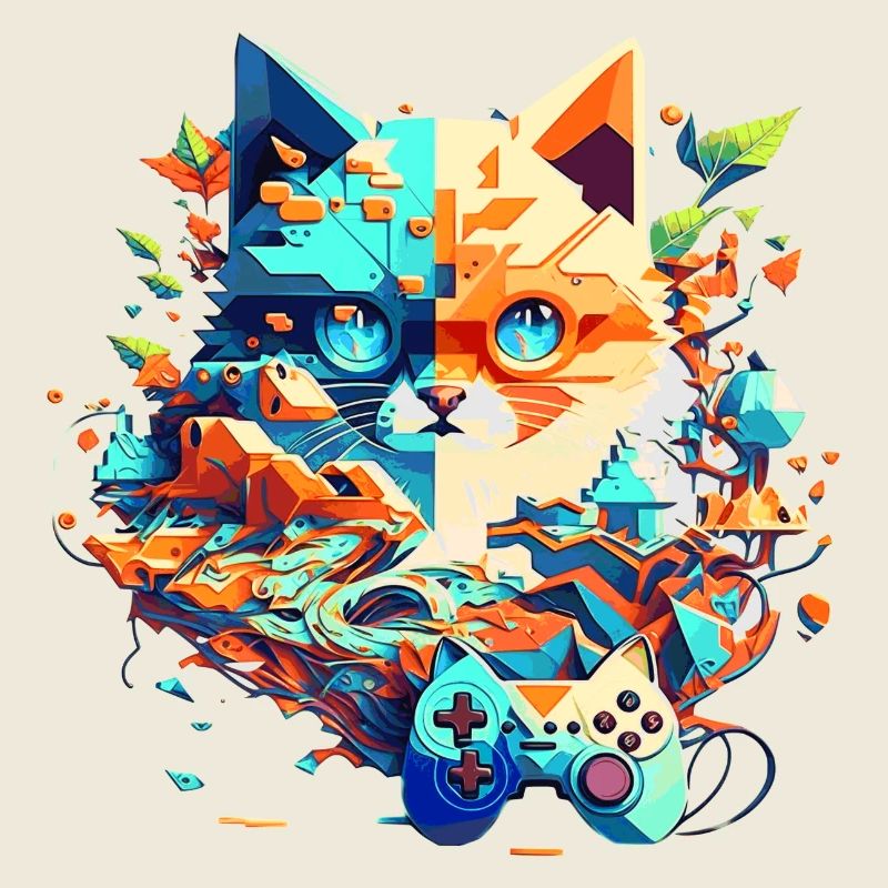 Cat face as video gamer with controller