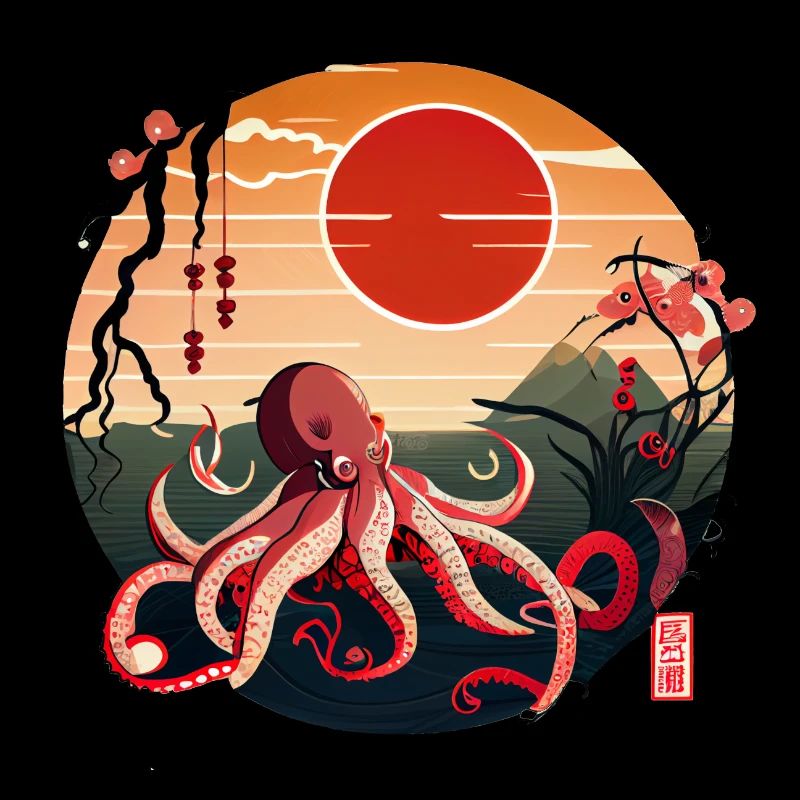 Japanese Art, Octopus in the Sea with Waves Comic