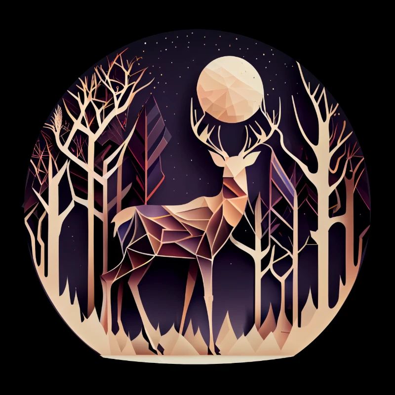 Hirsch mit Mond im Wald mit Bäumen - Papercut