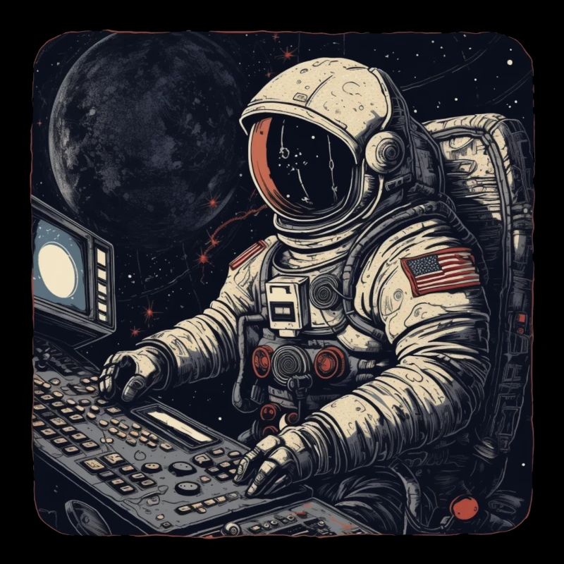Cool retro astronaut operates computers