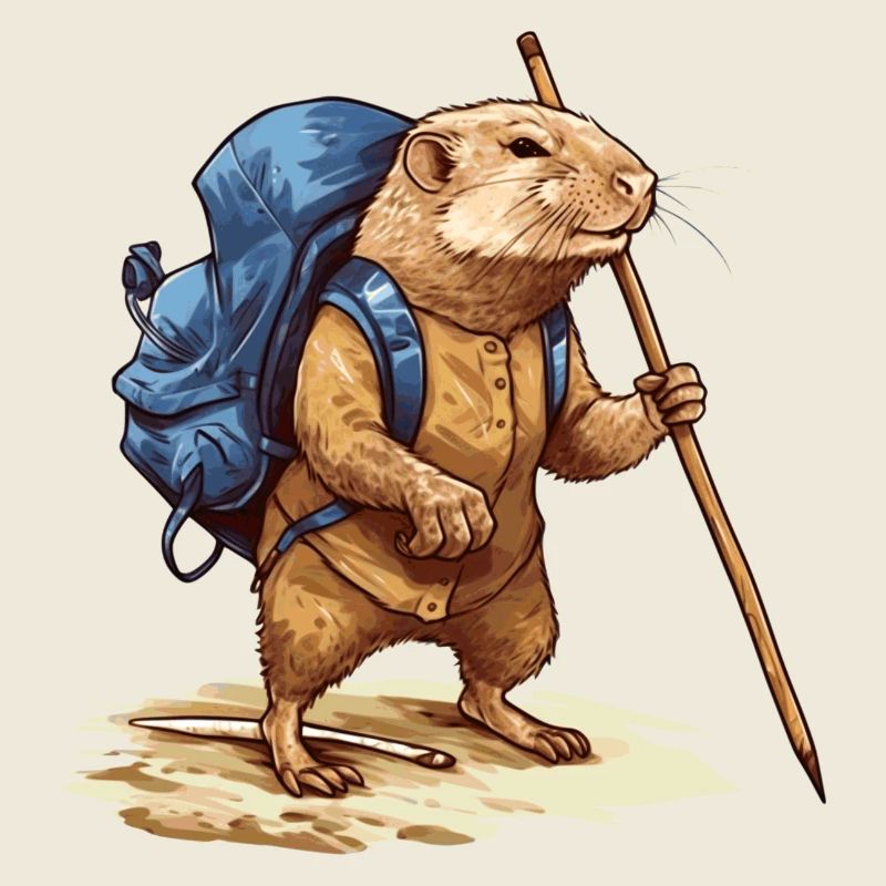 Rat-taupe avec sac à dos et bâton de marche