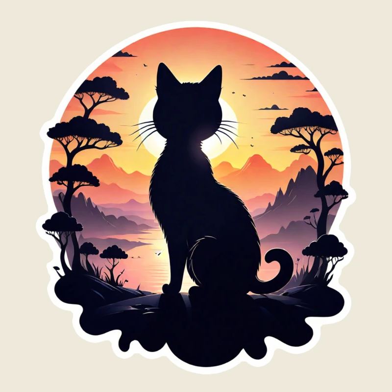 chat paysage et coucher de soleil