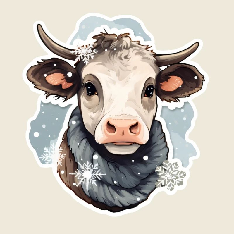 Rind im Winter mit Schal und Schneeflocken
