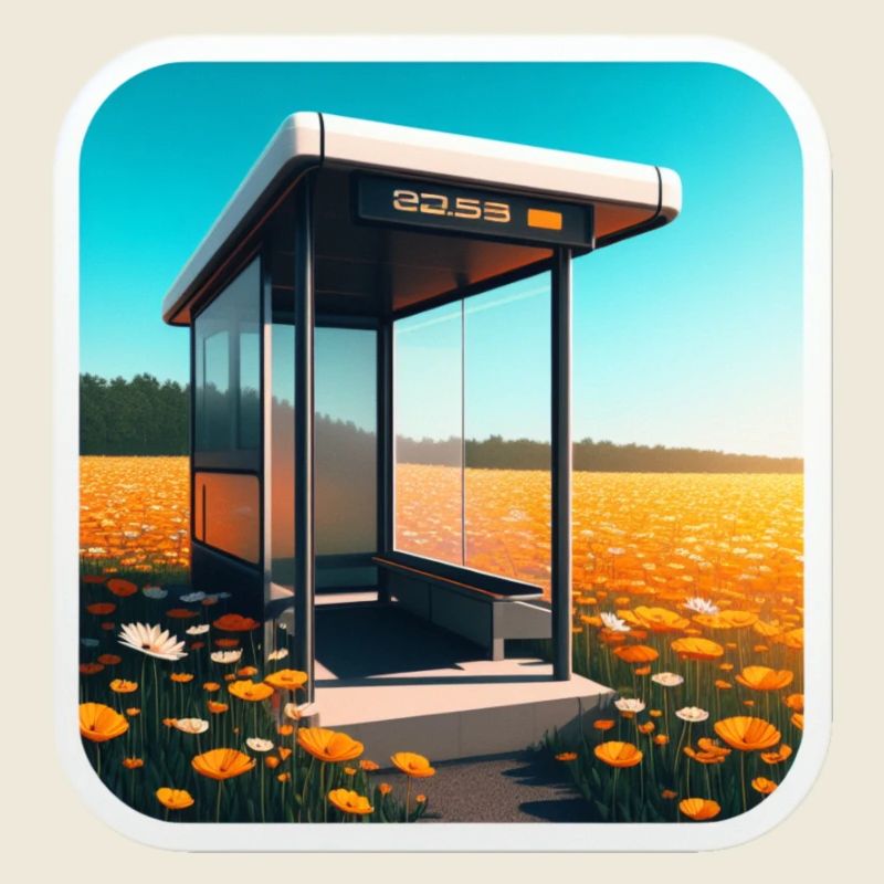 Bus stop in a field.