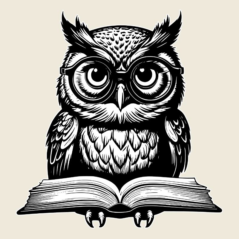 Kleine lustige Eule mit Brille sitzt auf Buch