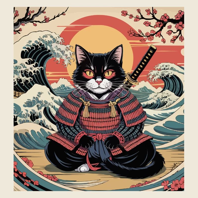 Samurai Cat with Sunset and Waves – Jap