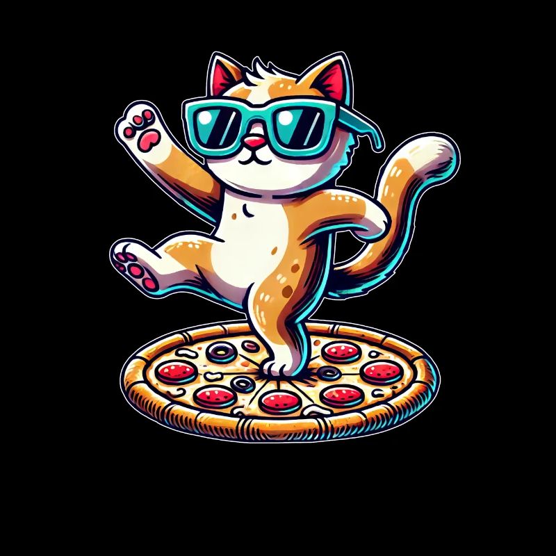 Chat cool avec des lunettes de soleil mangeant de la pizza et dansant