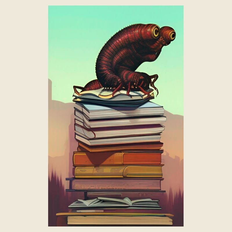 Comic Cartoon Creepy Bookworm Book Stack