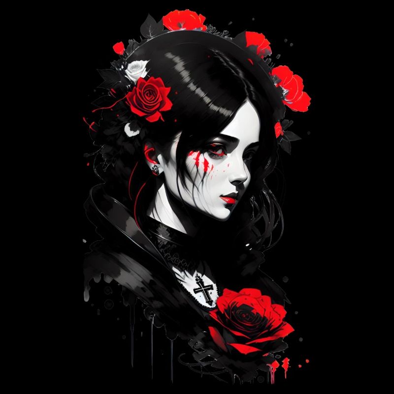 Femme de style gothique avec des roses blanches et rouges