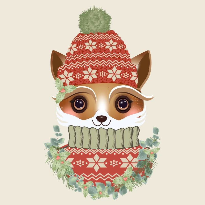 cute fox with sweater, bobble hat & wreath