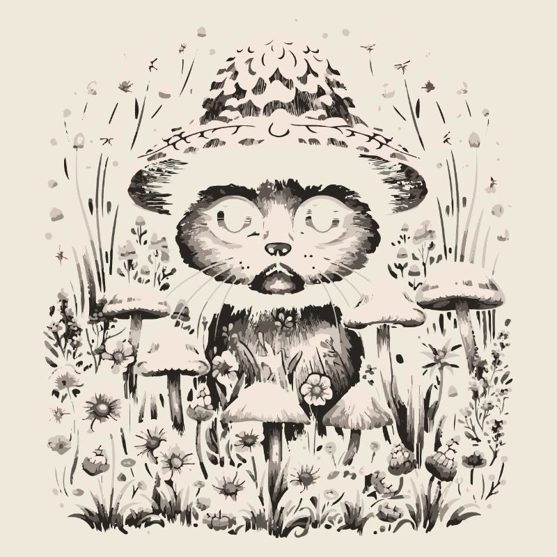 Chat, cottagecore, champignons