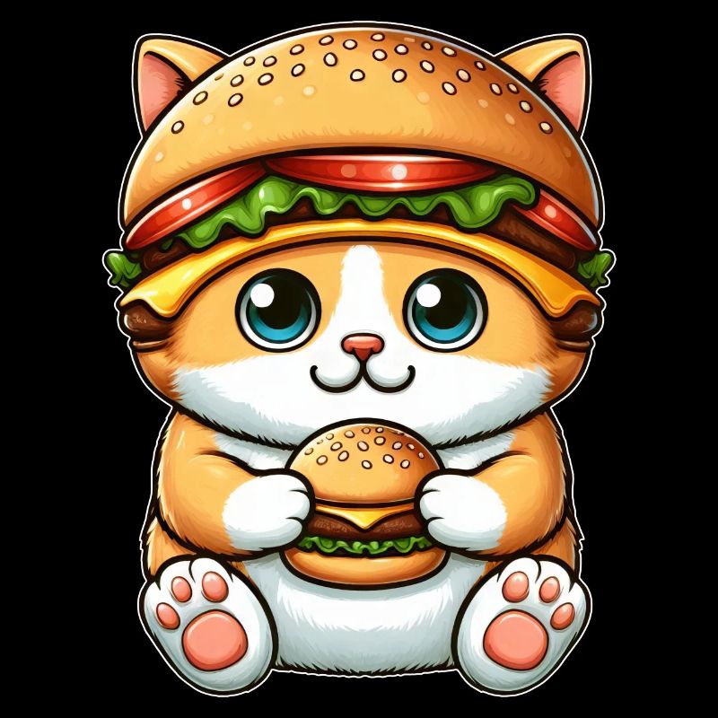 Whimsical Cat with Hat Hamburger Fast Food
