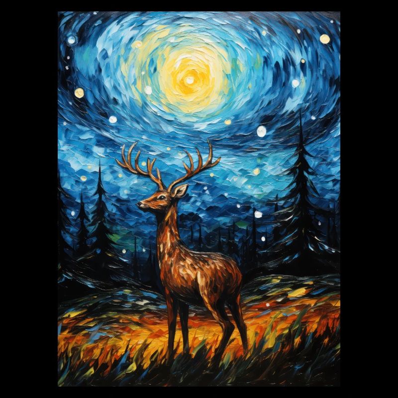 Cerf, Van Gogh, Style Nuit Étoilée