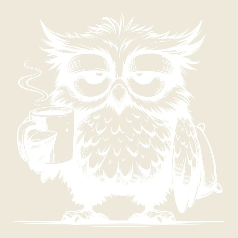 Funny Tired Comic Owl with Coffee Deficit