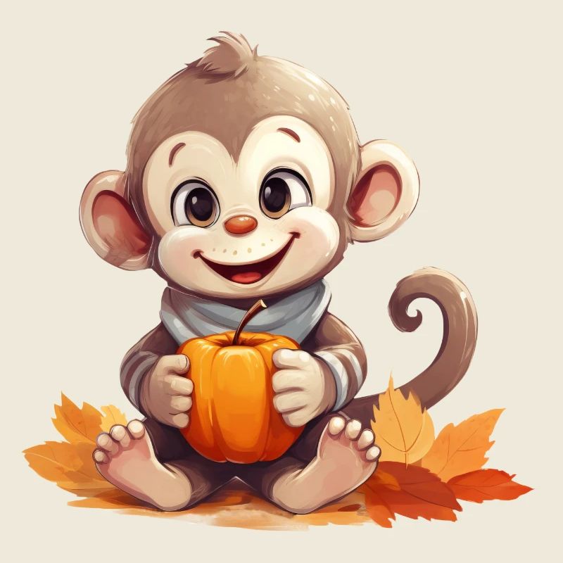Herbstlicher Affe mit Kürbis und Apfel