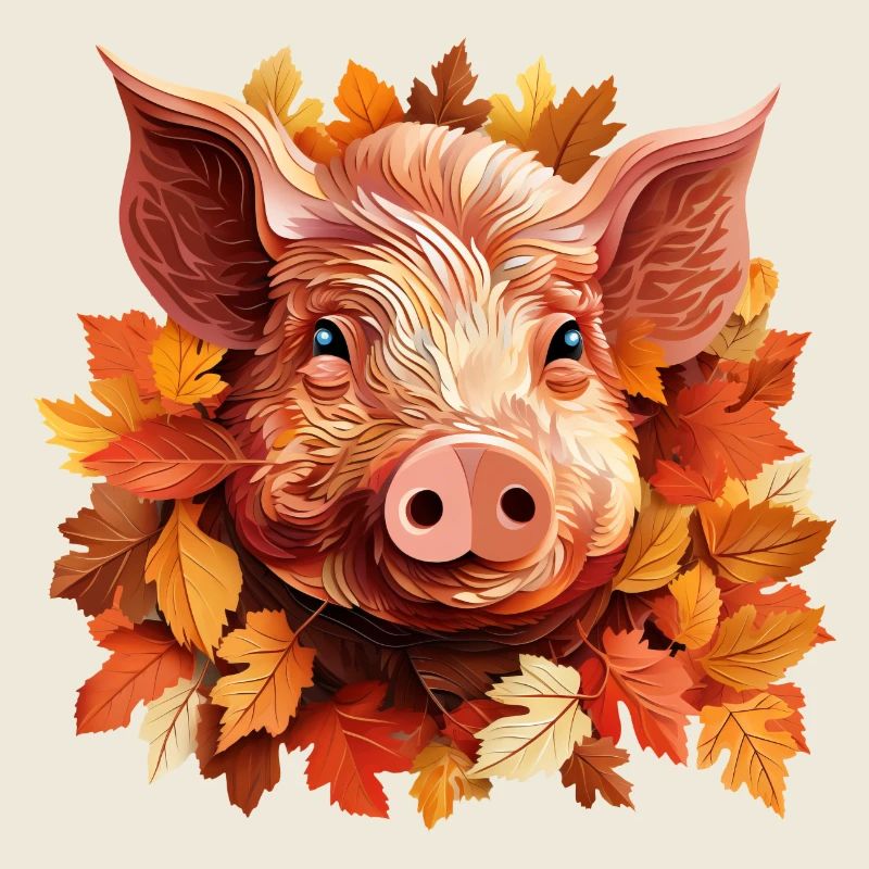 Visage de cochon dans les feuilles d’automne colorées