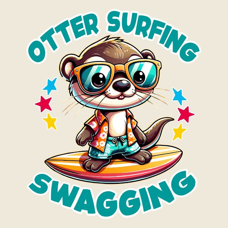 Funny surfing otter with sunglasses
