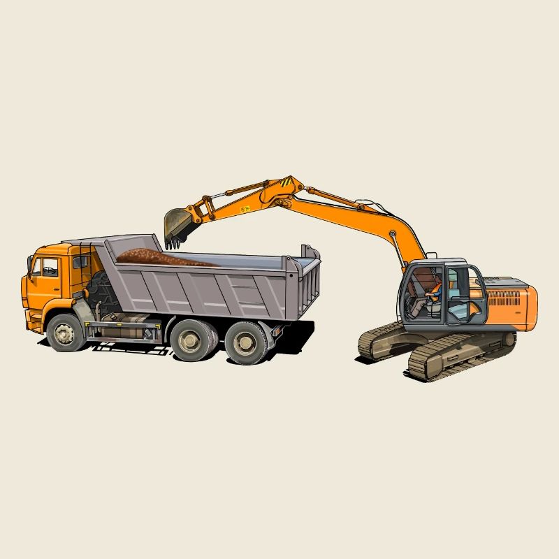Excavator loads trucks