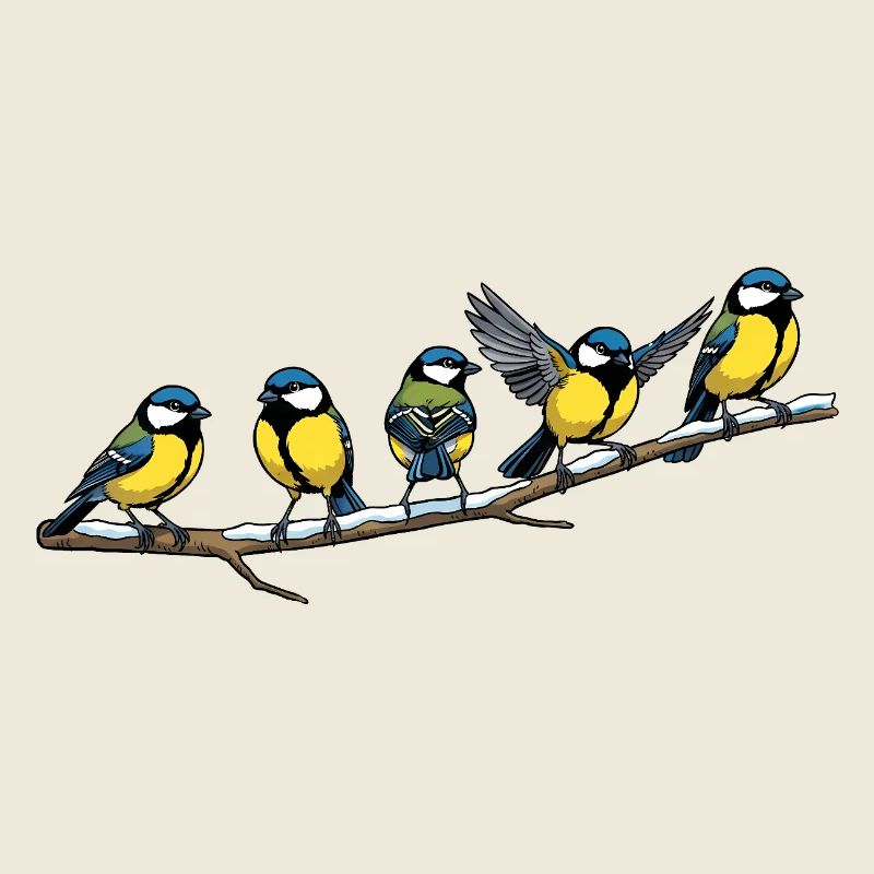 Blaumeisen-Schwarm auf Ast