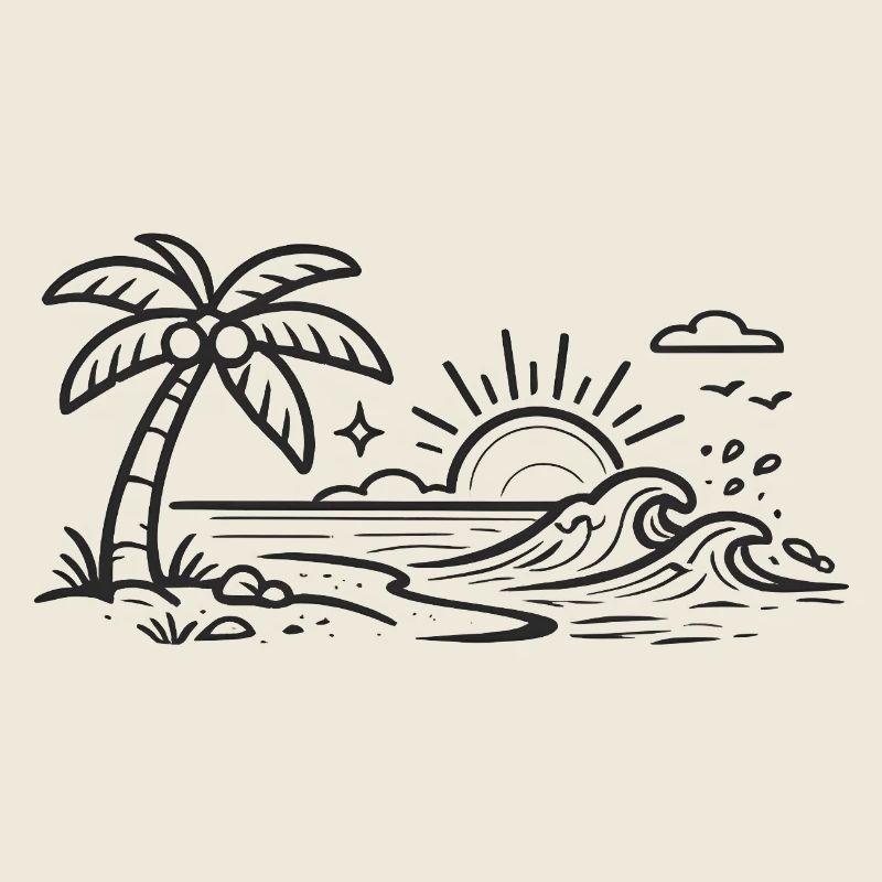 Tropical Palm Wave Line Art