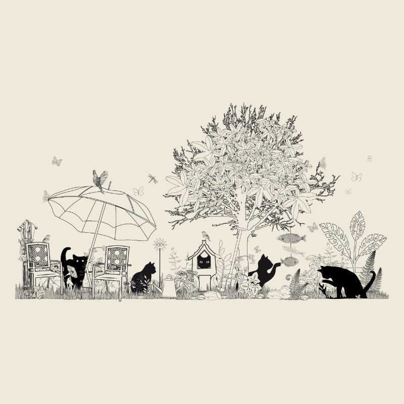 Zeichnung eines üppigen Gartens mit Katzen