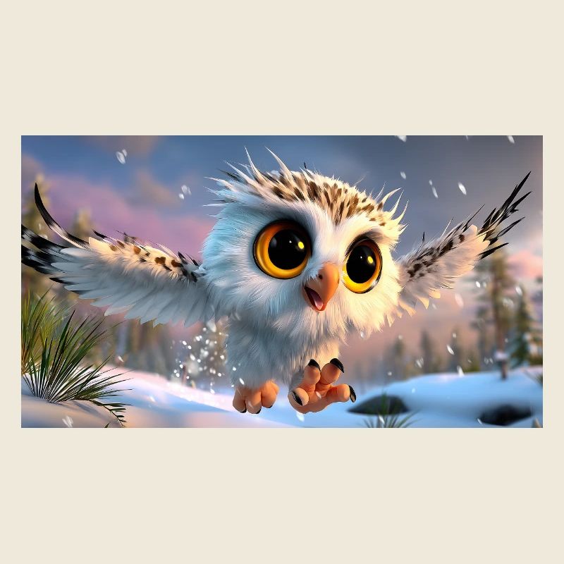 Flauschige Schnee-Eule mit Kulleraugen im Flug