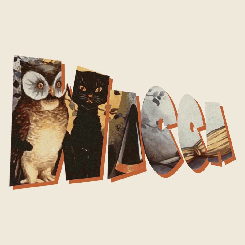 wicca schriftzug eule katze besen