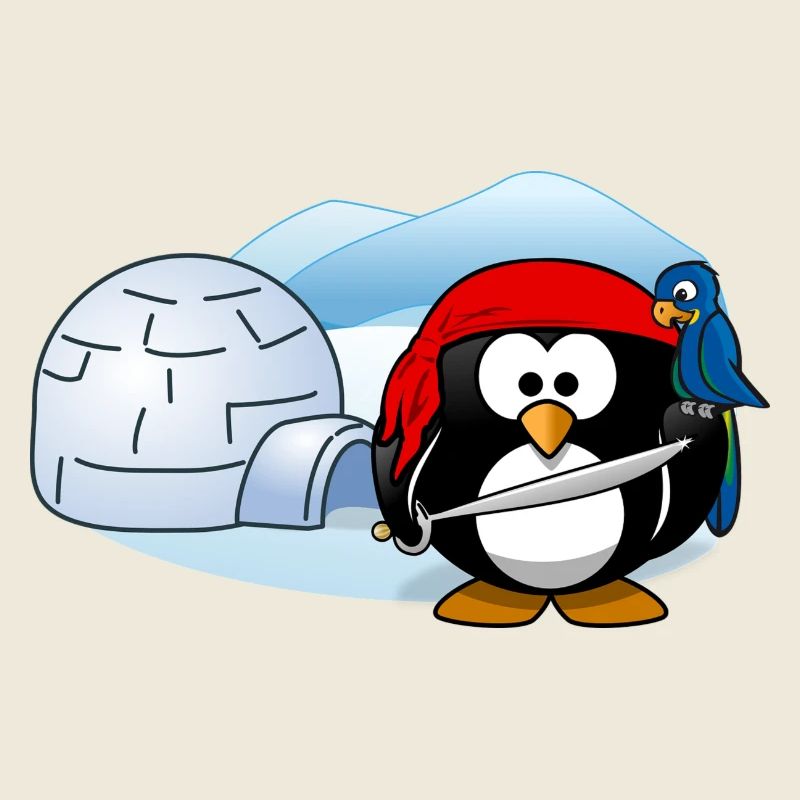 Pirate Penguin avec l'épée, perroquet et igloo.