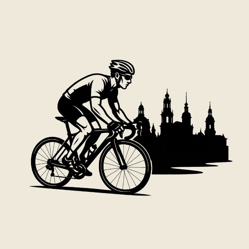Des cyclistes en course devant la silhouette de Dresde