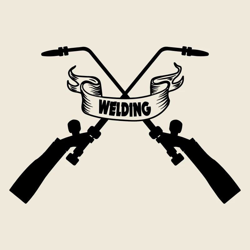 Two crossed welding machines with text banner