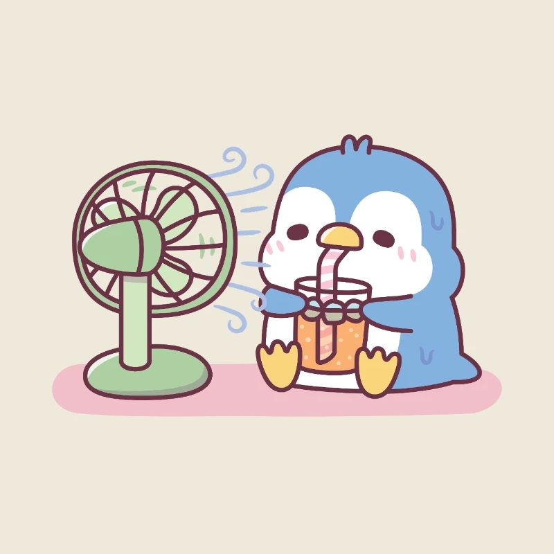 Süßer blauer Pinguin Cool halten mit Ventilator kaltes Getränk
